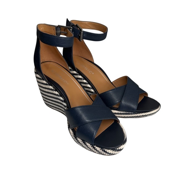 Vionic Shoes - Vionic Marina Wedge Sandals Womens 8 Navy Blue Striped Adjustable Ankle Strap